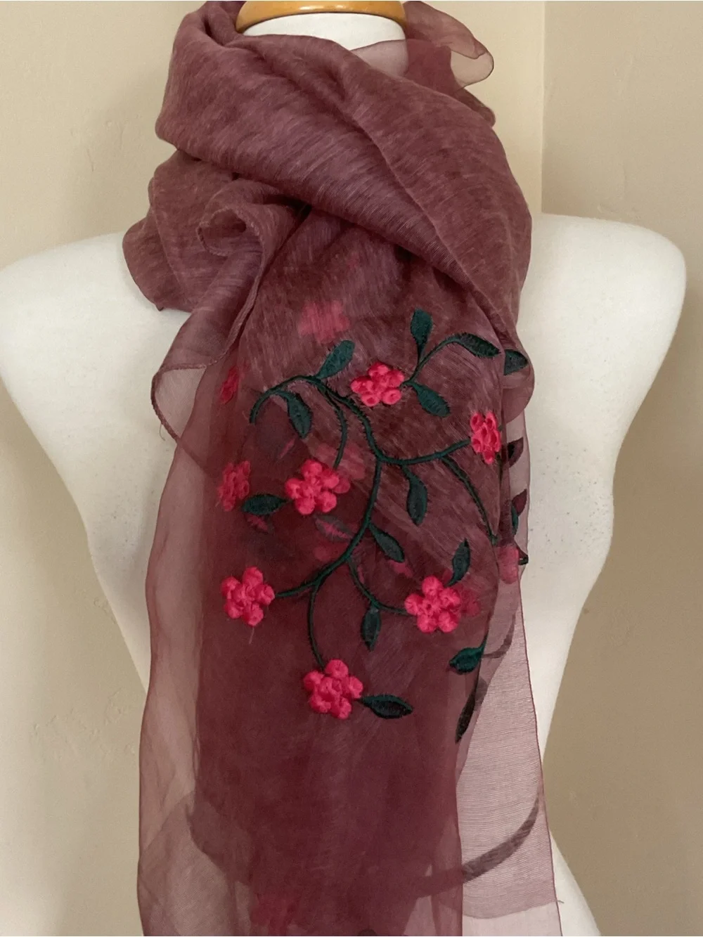 Sheer Floral Embroidered Scarf Silk Wool Blend
